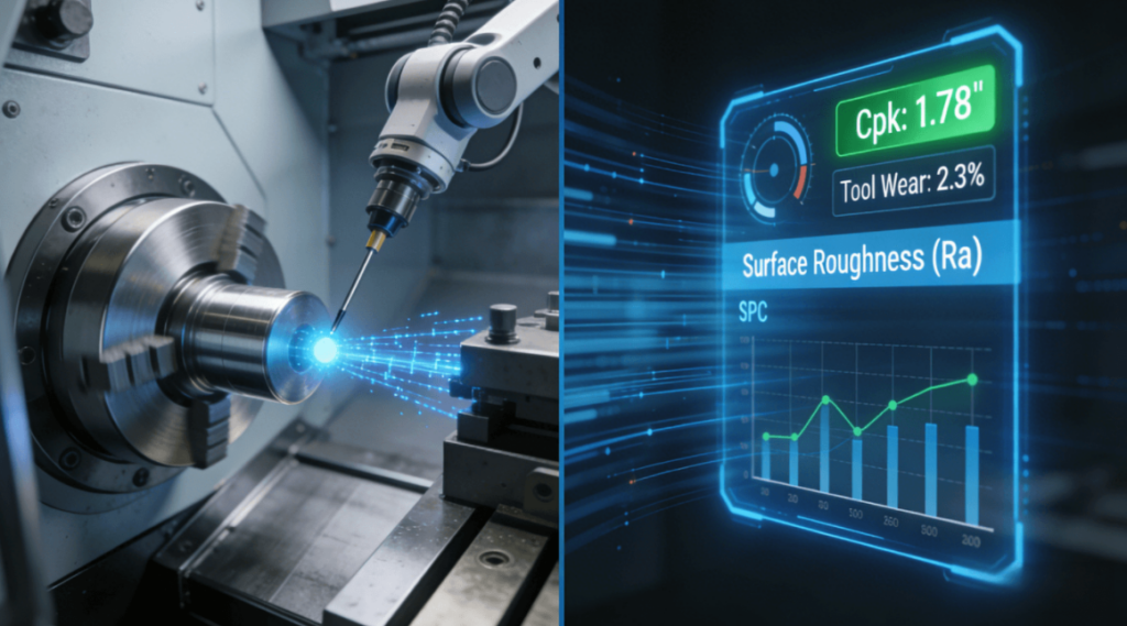  Infographic illustrating a closed-loop manufacturing system, showing real-time data from a CNC machine feeding into a holographic analytics dashboard monitoring Cpk, tool wear, and SPC.

