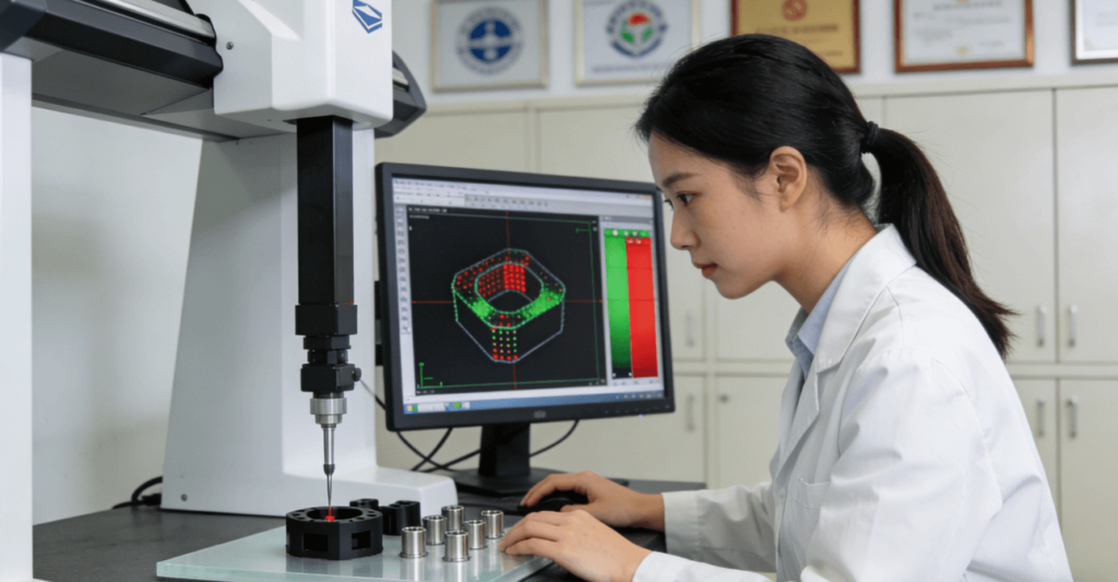 A quality control inspector operates a bridge-type Coordinate Measuring Machine (CMM) to verify the dimensions of a batch of precision CNC turned components in a quality lab.