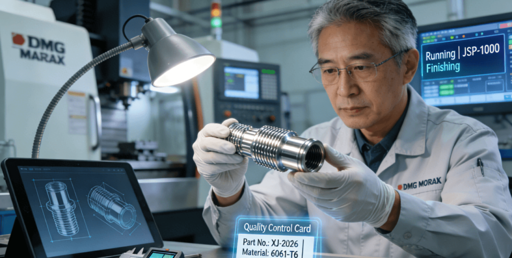 A focused engineer in a clean manufacturing facility inspects a precision CNC turned metal component under bright light, with a high-precision CNC turning center in the background.