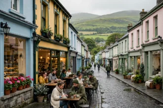 Colourful Irish small town street with people working in a cafe