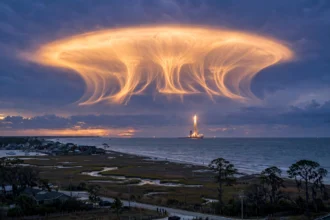 SpaceX rocket launch creating a glowing jellyfish-shaped cloud at dawn over the US east coast