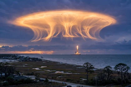 SpaceX rocket launch creating a glowing jellyfish-shaped cloud at dawn over the US east coast